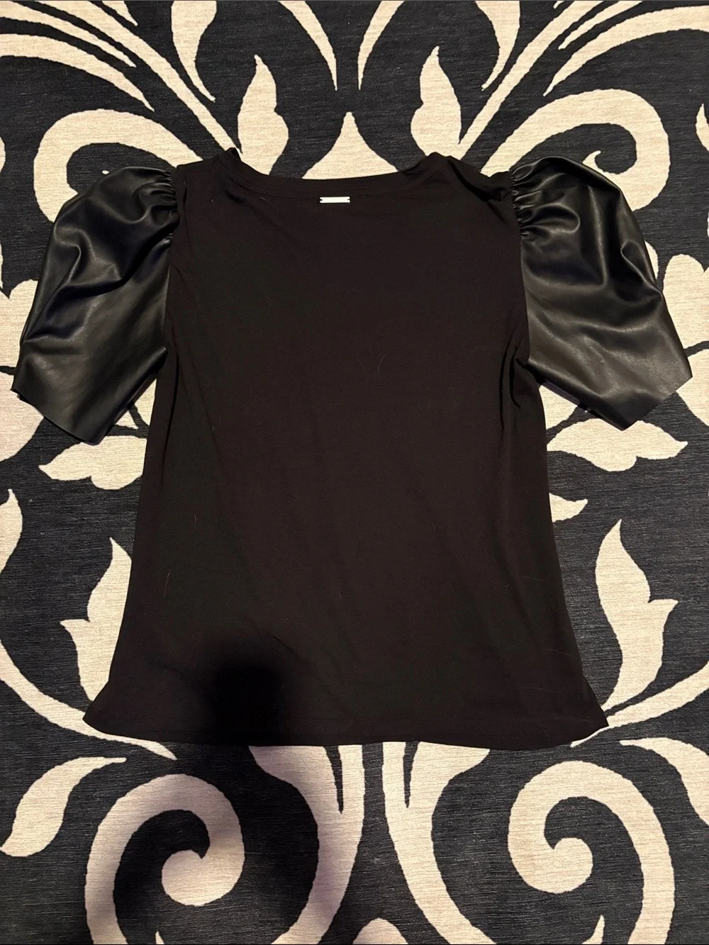 Michael Kors Black Short Sleeve Top with Faux Leather Puff Sleeves